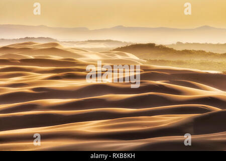 Giallo tramonto polverosi lungo interminabili ondate di dune di sabbia in Stockton Beach su Australian Pacific Coast - astratto modello di contrasto del paesaggio naturale. Foto Stock