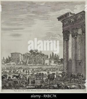 Il Tempio di Antonin e il Campo Vaccino. Stefano della Bella; Italiano, 1610-1664. Data: 1654. Dimensioni: 298 x 277 mm (nell'immagine); 298 x 280 mm (foglio). Incisione su avorio di cui la carta. Origine: Italia. Museo: Chicago Art Institute. Foto Stock