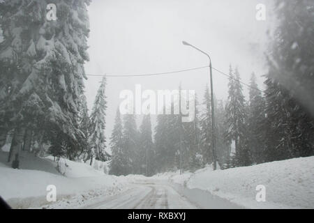 Strada di inverno in montagna in inverno in scena con la neve, alberi, winter resort Smolyan, Bulgaria, Monti Rodopi. Strada in valle di montagna, favola invernale Foto Stock