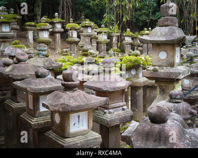 Nara, Giappone - 15 OTT 2018: una fila di weathered antiche strutture di pietra nei pressi del Kasuga Grand Santuario a Nara, Giappone Foto Stock