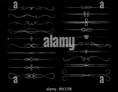Grande set di retro pagina calligrafico divisori in color argento, pagina decorazione vignette sul buio Illustrazione Vettoriale