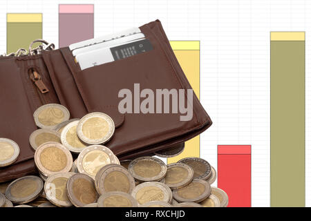 Due monete in Euro con wallet su un tavolo Foto Stock