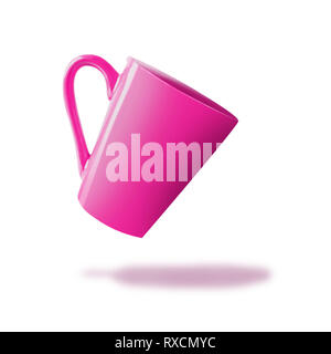 Flying pink cup con shadow , isolato su sfondo bianco Foto Stock