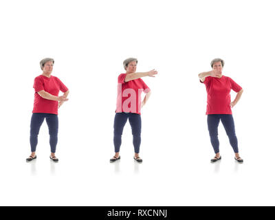 Serie di basic Tai chi forme eseguite da donna più anziana shot su sfondo bianco Foto Stock