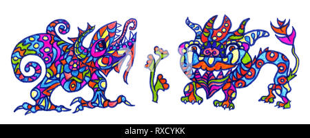 Ornamento etnico mitici mostri matura ispirata fusione di ucraini, Indiano messicano e motivi tradizionali, pennarelli doodle disegno Foto Stock