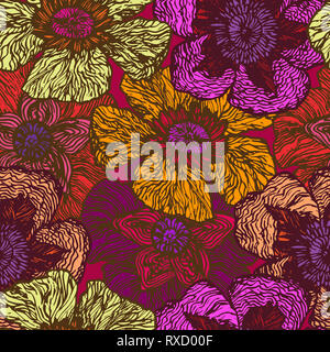 Papaveri colorati, disegnati a mano doodle, schizzo in naive, pop art style, perfetta design pattern su sfondo rosso Foto Stock