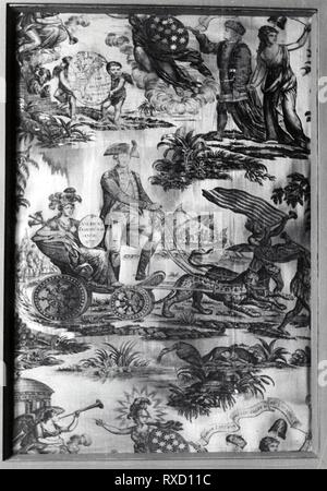 L'Apoteosi di Washington e Franklin (Tessuti per Arredamento). Dopo aver ritratto di Washington attaccato da Valentino verde (Inglese, 1739-1813), 1781, dopo la verniciatura di John Trumbull (American, 1756-1843) dopo il medaglione di terracotta da Jean-Baptiste Nini (Italiano, 1717-1786); l'Inghilterra. Data: 1782-1800. Dimensioni: 117 × 78,5 cm (46 × 30 7/8 in.) ordito ripetere: 89,5 cm (35 1/4 in.). Lino e cotone, ad armatura a tela; calcografia stampato. Origine: Inghilterra. Museo: Chicago Art Institute. Foto Stock