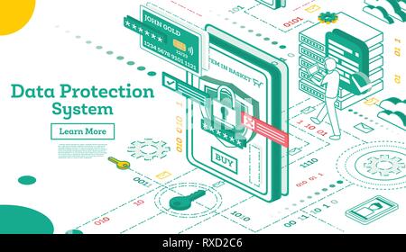 Sistema di protezione dati isometrico. Cyber Sicurezza e Privacy. La crittografia del traffico. VPN. Illustrazione Vettoriale. Illustrazione Vettoriale