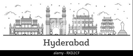 Profilo di Hyderabad, India skyline della città con edifici storici isolati su bianco. Illustrazione Vettoriale. Hyderabad Cityscape con punti di riferimento. Illustrazione Vettoriale
