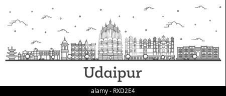 Delineare Udaipur India skyline della città con edifici storici isolati su bianco. Illustrazione Vettoriale. Udaipur Cityscape con punti di riferimento. Illustrazione Vettoriale