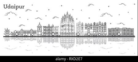 Delineare Udaipur India skyline della città con edifici storici e riflessioni isolato su bianco. Illustrazione Vettoriale. Udaipur Cityscape con punti di riferimento. Illustrazione Vettoriale