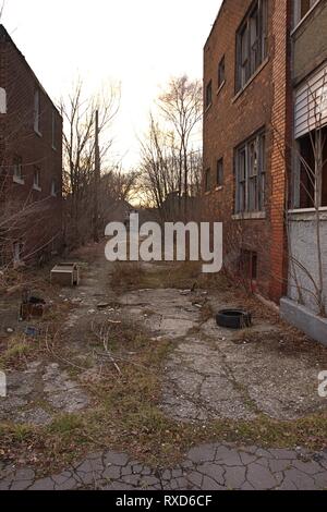 Percorso tra due abbandonati edifici in mattoni con finestre rotte in Detroit con cestino sul terreno, l'erba cresce attraverso la pavimentazione e alberi d'inverno Foto Stock