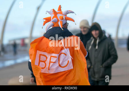 Blackpool, Lancashire, Regno Unito. 9 Marzo, 2019. I sostenitori di Blackpool si raccolgono sul lungomare prima della partita in casa a Bloomfield Road per celebrare la destituzione di Owen Oyston dal club di calcio. Blackpool FC lungo sofferenza appassionati hanno finalmente un loro club back & stanno ritornando a vedere il loro gioco di squadra. Il giorno è finalmente giunta per Blackpool di boicottare le ventole per tornare a casa e sostenere il loro team. Credito: MediaWorldImages/AlamyLiveNews Foto Stock