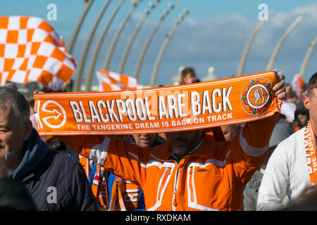 Blackpool, Lancashire, Regno Unito. 9 Marzo, 2019. I sostenitori di Blackpool si raccolgono sul lungomare prima della partita in casa a Bloomfield Road per celebrare la destituzione di Owen Oyston dal club di calcio. Blackpool FC lungo sofferenza appassionati hanno finalmente un loro club back & stanno ritornando a vedere il loro gioco di squadra. Il giorno è finalmente giunta per Blackpool di boicottare le ventole per tornare a casa e sostenere il loro team. Credito: MediaWorldImages/AlamyLiveNews Foto Stock