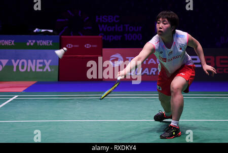 Arena Birmingham, Birmingham, Regno Unito. 9 Mar, 2019. Overgrip Yonex tutti Inghilterra aprire Badminton campionati, giorno 4; womens singles match, TAI Tzu Ying di Taipei cinese contro Akane YAMAGUCHI di Giappone; Akane YAMAGUCHI di Giappone svolge un drop shot Credito: Azione Sport Plus/Alamy Live News Foto Stock