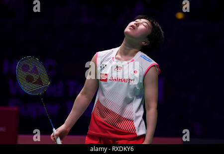 Arena Birmingham, Birmingham, Regno Unito. 9 Mar, 2019. Overgrip Yonex tutti Inghilterra aprire Badminton campionati, giorno 4; womens singles match, TAI Tzu Ying di Taipei cinese contro Akane YAMAGUCHI di Giappone; frustrazione per Akane YAMAGUCHI di Japan Credit: Azione Plus sport/Alamy Live News Foto Stock