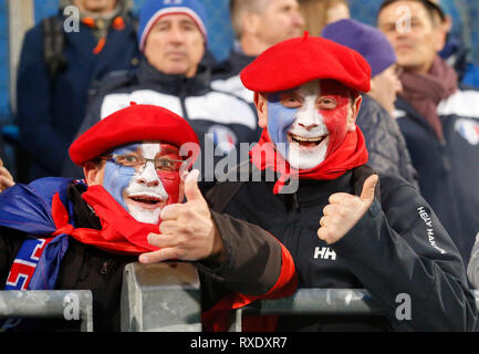 Energia Park, Dublin, Irlanda. 9 Mar, 2019. Womens Sei Nazioni di rugby, Irlanda contro la Francia; francese sostenitori nella faccia di fantasia di vernice e berretti Credito: Azione Sport Plus/Alamy Live News Foto Stock