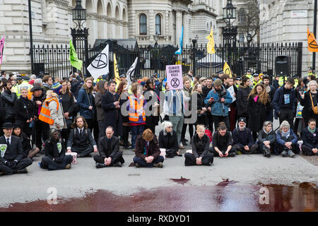 Londra, Regno Unito. 9 Mar, 2019. Gli attivisti del clima dalla ribellione di estinzione versare sangue artificiale sul terreno al di fuori di Downing Street come parte di un atto di disobbedienza civile denominato 'il sangue dei nostri figli' per chiedere al governo di prendere immediati provvedimenti per combattere il clima attuale e l'emergenza ecologica. Credito: Mark Kerrison/Alamy Live News Foto Stock