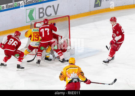 Losanna, Svizzera. 9 marzo, 2019. LNA svizzera di hockey su ghiaccio HC LOSANNA VS SCL Tigers- Lausanne Hc Vs HC SCL Tigers a Vaudoise Arena, Losanna (Play-off Quarti di Finale atto I), 09-03-2019. Credito: Eric Dubost/Alamy Live News Foto Stock