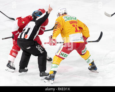 Losanna, Svizzera. 9 marzo, 2019. LNA svizzera di hockey su ghiaccio HC LOSANNA VS SCL Tigers- Lausanne Hc Vs HC SCL Tigers a Vaudoise Arena, Losanna (Play-off Quarti di Finale atto I), 09-03-2019. Credito: Eric Dubost/Alamy Live News Foto Stock