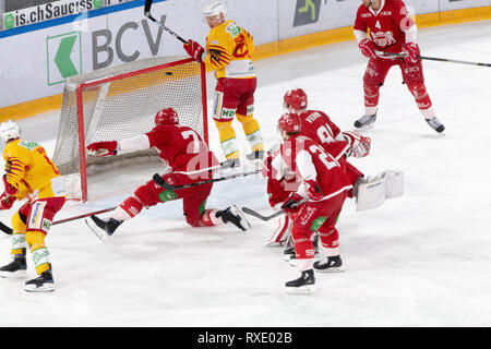 Losanna, Svizzera. 9 marzo, 2019. LNA svizzera di hockey su ghiaccio HC LOSANNA VS SCL Tigers- Lausanne Hc Vs HC SCL Tigers a Vaudoise Arena, Losanna (Play-off Quarti di Finale atto I), 09-03-2019. Credito: Eric Dubost/Alamy Live News Foto Stock