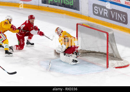 Losanna, Svizzera. 9 marzo, 2019. LNA svizzera di hockey su ghiaccio HC LOSANNA VS SCL Tigers- Lausanne Hc Vs HC SCL Tigers a Vaudoise Arena, Losanna (Play-off Quarti di Finale atto I), 09-03-2019. Credito: Eric Dubost/Alamy Live News Foto Stock