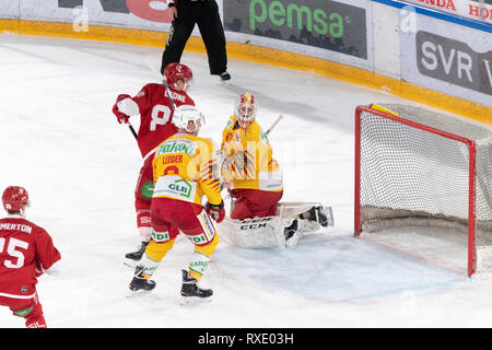 Losanna, Svizzera. 9 marzo, 2019. LNA svizzera di hockey su ghiaccio HC LOSANNA VS SCL Tigers- Lausanne Hc Vs HC SCL Tigers a Vaudoise Arena, Losanna (Play-off Quarti di Finale atto I), 09-03-2019. Credito: Eric Dubost/Alamy Live News Foto Stock