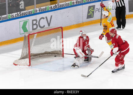 Losanna, Svizzera. 9 marzo, 2019. LNA svizzera di hockey su ghiaccio HC LOSANNA VS SCL Tigers- Lausanne Hc Vs HC SCL Tigers a Vaudoise Arena, Losanna (Play-off Quarti di Finale atto I), 09-03-2019. Credito: Eric Dubost/Alamy Live News Foto Stock