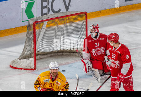 Losanna, Svizzera. 9 marzo, 2019. LNA svizzera di hockey su ghiaccio HC LOSANNA VS SCL Tigers- Lausanne Hc Vs HC SCL Tigers a Vaudoise Arena, Losanna (Play-off Quarti di Finale atto I), 09-03-2019. Credito: Eric Dubost/Alamy Live News Foto Stock