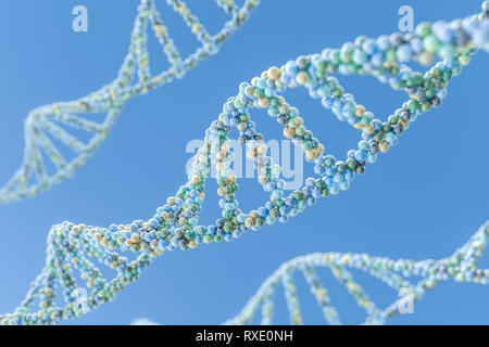 Il rendering 3D, il DNA con sfondo blu Foto Stock