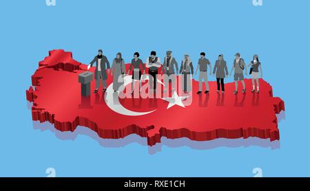 Bagno turco gli elettori votano per la Turchia elezione su mappa 3D. Tutti gli oggetti, le ombre e lo sfondo sono in diversi strati. Illustrazione Vettoriale