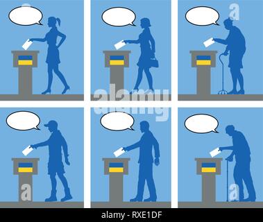 Cittadini ucraini votare alle elezioni in Ucraina con il discorso di bolla. Tutti gli oggetti di silhouette e gli sfondi sono in diversi strati. Illustrazione Vettoriale