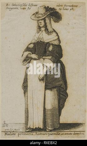 Donna di Anversa. Wenceslaus Hollar; ceco, 1607-1677. Data: 1648. Dimensioni: 92 × 57 mm (foglio, rifilato entro la piastra mark). Incisione sul grigio carta asiatica. Origine: Boemia. Museo: Chicago Art Institute. Foto Stock