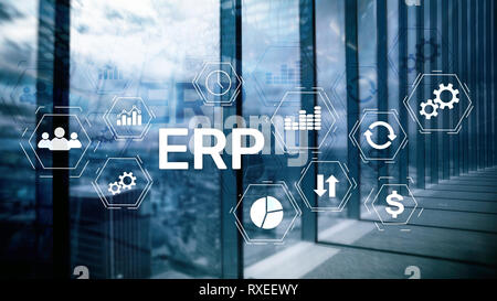 Sistema ERP, Enterprise resource planning su sfondo sfocato. Automazione del business e il concetto di innovazione. Foto Stock