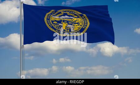 Bandiera del Nebraska - Stato degli USA che fluttua nel vento contro un cielo nuvoloso rendering 3D Foto Stock