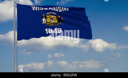 Bandiera del Wisconsin - Stato degli USA che fluttua nel vento contro un cielo nuvoloso rendering 3D Foto Stock