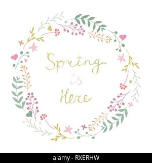 Vettore di bellissimi fiori ghirlanda di primavera in colori gentili isolati su sfondo bianco. La molla è qui scritte. Round botanico garland. Illustrazione Vettoriale