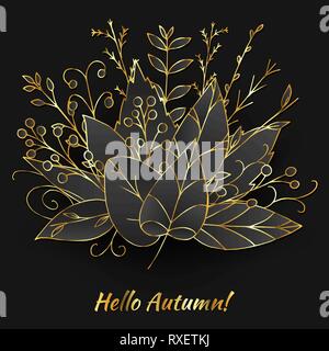 Vector autunno bouquet fatto di doodle foglie d'oro su sfondo nero. Bella illustrazione di caduta con brillanti abstract piante e frutti di bosco. Illustrazione Vettoriale