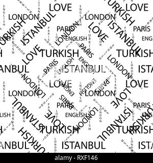 Seamless pattern fatta di testo scritto a mano. Inglese Londra Parigi parole turco e letteran scritto a mano nei colori bianco e nero. eps10 Illustrazione Vettoriale