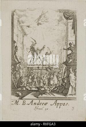 Il martirio di sant'Andrea, piastra tre dal martirio degli apostoli. Jacques Callot; francese, 1592-1635. Data: 1612-1635. Dimensioni: 70 × 45 mm (piastra); 80 × 60 mm (foglio). Acquaforte su carta. Provenienza: Francia. Museo: Chicago Art Institute. Foto Stock