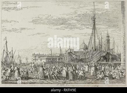 Il mercato sul molo, da vedute. Il canaletto; Italiano, 1697-1768. Data: 1735-1744. Dimensioni: 140 x 210 mm (nell'immagine); 145 x 213 mm (piastra); 435 x 583 mm (foglio). Attacco in nero su avorio di cui la carta. Origine: Italia. Museo: Chicago Art Institute. Foto Stock