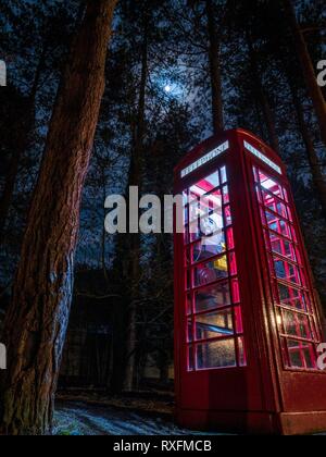 Un telefono rosso scatola illuminata di notte in una foresta in Inghilterra Foto Stock