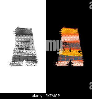 Due gruppi grunge lettera A con tracce di pneumatici isolate su sfondi differennt Illustrazione Vettoriale