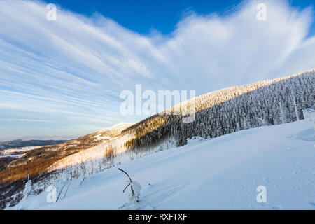 Splendido panorama ripreso in polacco monti Beskidy sul modo di Hala Lipowska durante l inverno nevoso. Paesaggio catturati durante lo skitour trekking. Foto Stock