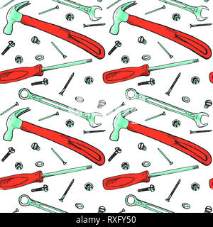 Martello, cacciavite, chiave con il bullone, il dado e la rondella, il chiodo e la vite, seamless pattern design, disegnati a mano doodle, schizzo in pop art style Foto Stock