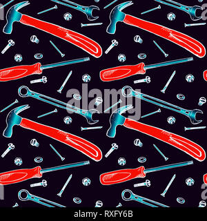 Martello, cacciavite, chiave con il bullone, il dado e la rondella, il chiodo e la vite, seamless pattern design, disegnati a mano doodle, schizzo in pop art style Foto Stock