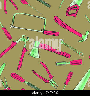 Handsaw, affrontando sega, scalpello bradawl, martello, file, cacciavite, chiave, pinze e ax, seamless pattern design, disegnati a mano doodle, schizzo in pop art Foto Stock