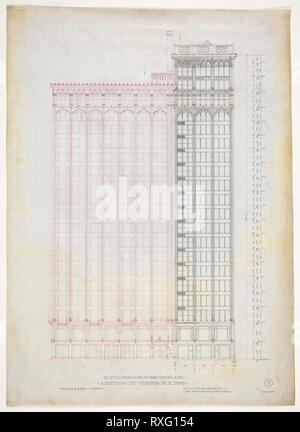 Fisher Building aggiunta, Chicago, Illinois, elevazione. Pietro Giuseppe Weber (American, 1863-1923); Howells &AMP; Stokes (American, sconosciuto); P J Weber (American, Chicago, b. Xix Cen - d. Xx Cen); signore &AMP; Hewlett (American, atto. 1920s). Data: 1890. Dimensioni: 107 × 77 cm (42 1/8 × 30 5/16 in.). Il rosso e il nero inchiostro sulla biancheria. Origine: Chicago. Museo: Chicago Art Institute. Foto Stock