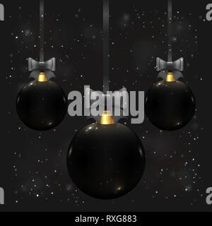 Vettore di bellissime palle di Natale in colore nero su sfondo grigio scuro con archi, bokeh e bagliori. Chic e di lusso greeting card design. Illustrazione Vettoriale