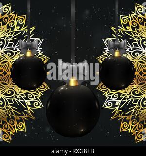Vettore di bellissime palle di Natale in colore nero su sfondo brillano con archetti, oro lacci, bokeh e bagliori. Chic e di lusso greeting card design. Illustrazione Vettoriale